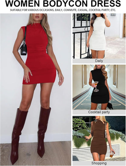 MIYIEONZ Women's Sexy Summer Casual Mock Neck Sleeveless Bodycon Dresses Ruched Turtleneck Cocktail Party Mini Dress
