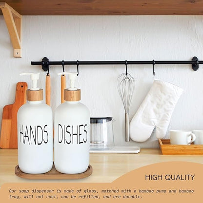 Glass Soap Dispenser Set - Hand Soap and Dish Soap Dispenser with Bamboo Tray. Vintage Soap Dispenser with Pump for Kitchen Sink and Bathroom. Stylish Permanent Labels (Matte White)