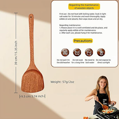 Natural Cork Wood Cooking Spatula, Long Handle Kitchen Turner, 13 Inch Wooden Spatula with Lacquer Technology, Non-Stick Pan Safe, Kitchen Utensil for Cooking, Camping