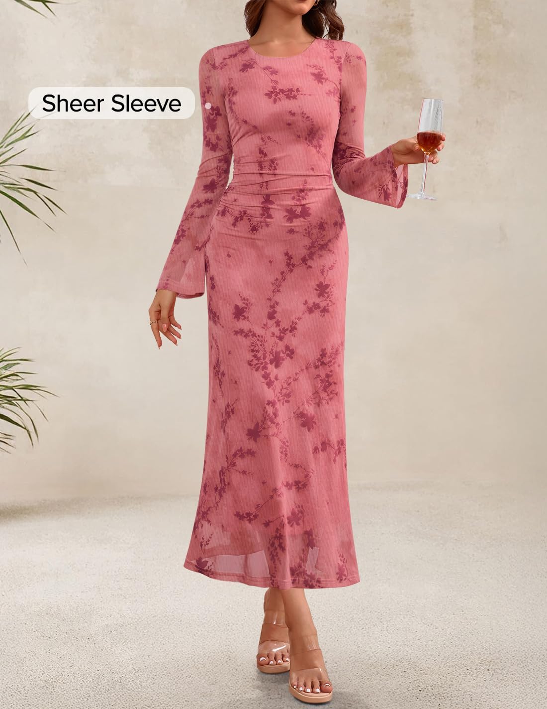 ZESICA Women's Long Sleeve Floral Bodycon Dress 2026 Spring Fall Ruched Mesh W
