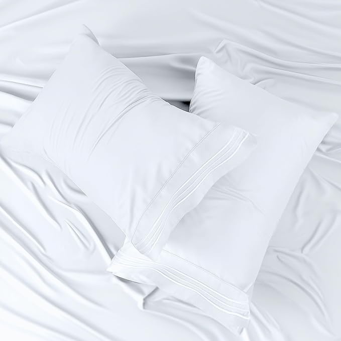 LUX Décor Queen Sheet Set - 4 Piece Ultra-Soft Microfiber Bed Sheets with Flat Sheet, 16 Inches Deep Pocket Fitted Sheet & 2 Pillowcases, Cooling & Breathable, Hotel Luxury, Oeko-TEX - White
