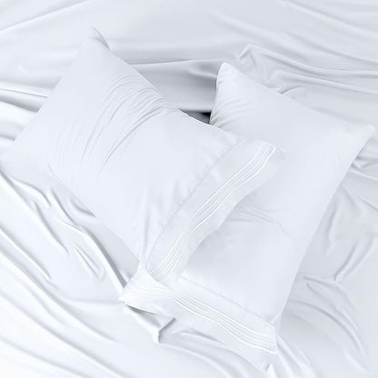 LUX Décor Queen Sheet Set - 4 Piece Ultra-Soft Microfiber Bed Sheets with Flat Sheet, 16 Inches Deep Pocket Fitted Sheet & 2 Pillowcases, Cooling & Breathable, Hotel Luxury, Oeko-TEX - White