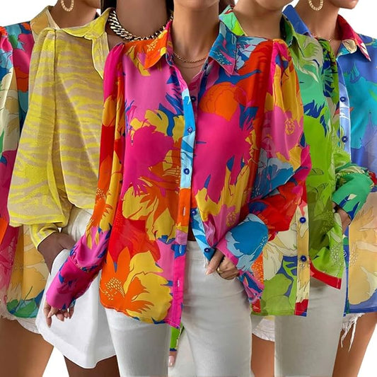 Button Down Shirts for Women Dressy Lantern Long Sleeve Blouses Printed Casual Loose Colorful Blouse Work Tops
