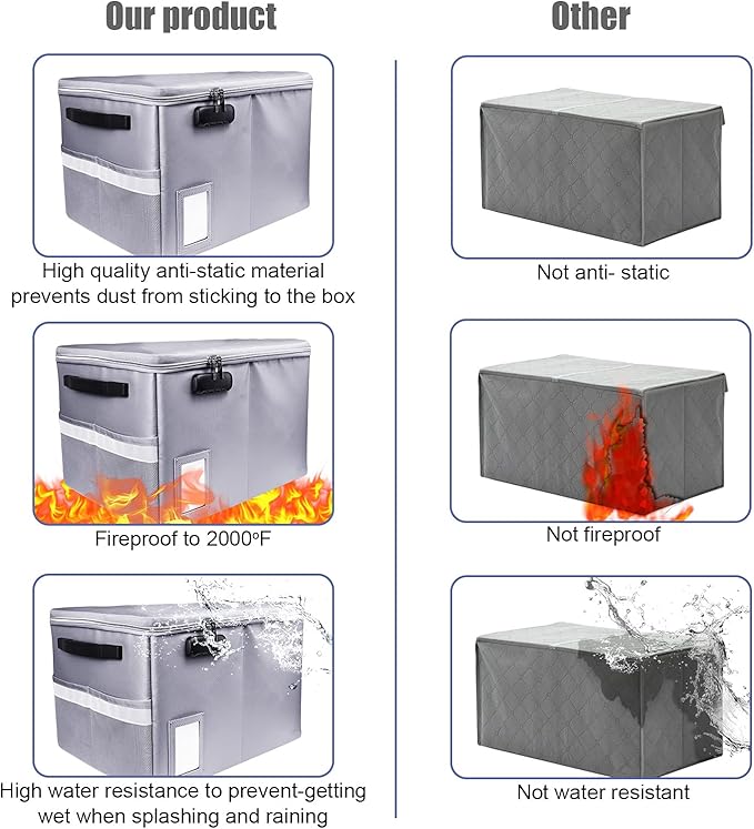 File Box with Lock, Fireproof Document Box File Organizer Box, Portable Office Collapsible File Storage with Reflective Strip for Hanging LetterLegal Size FolderCertificate