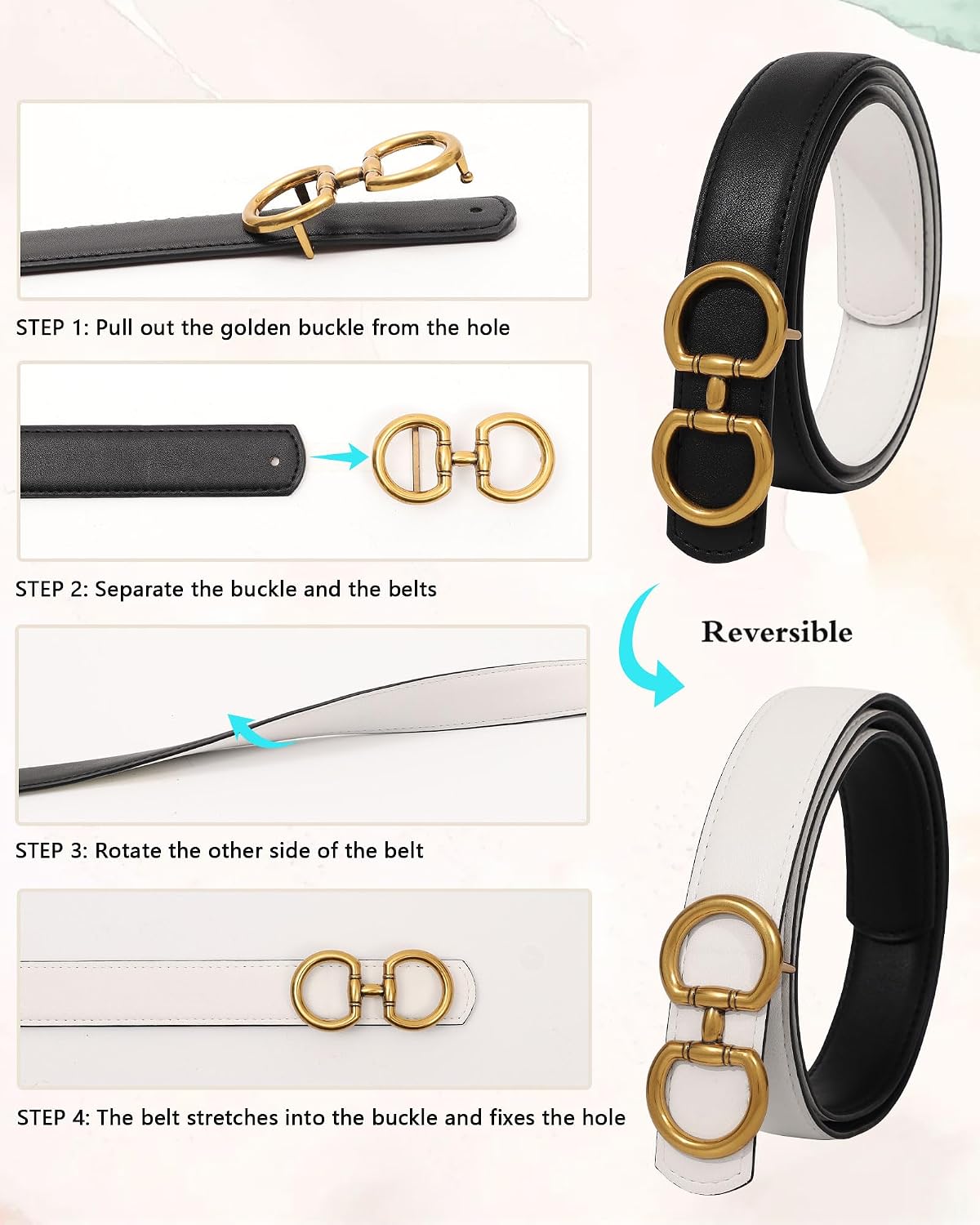 Reversible Belt for Women - Two-in-One Women Fashion Leather Belt for Jeans with Golden Buckle
