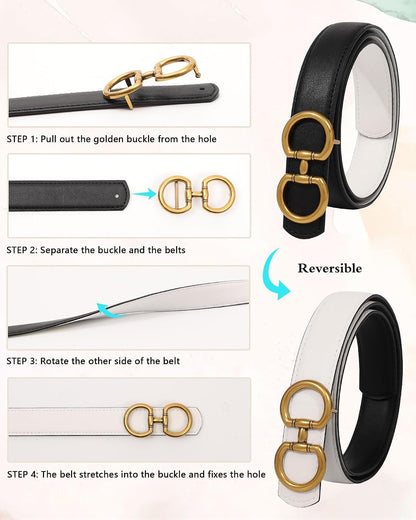 Reversible Belt for Women - Two-in-One Women Fashion Leather Belt for Jeans with Golden Buckle