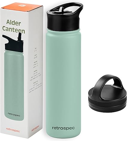 Retrospec Alder Insulated Water Bottle with Straw Lid  Handle Cap - Stainless Steel Wide Mouth Double-Wall Vacuum Insulated Thermos - BPA Free Leakproof Canteen