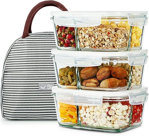 DAS TRUST 3 Pack 36oz Bento Box Glass Meal Prep Containers with 3 Compartments, Glass Food Storage Containers with Lids, Meal Prep Bowls, Lunch Box, Oven  Microwave Safe