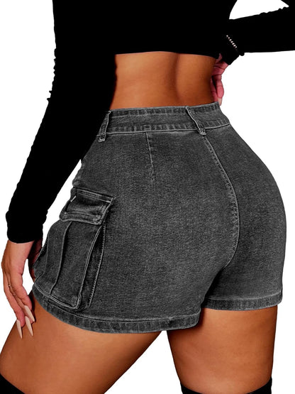 High Stretchy Denim Cargo Skort for Women, High Waist, Casual Mini Y2K Jean Skirt Shorts with Pockets