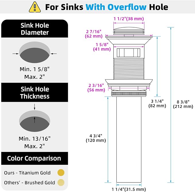 Angle Simple Sink Drain Stopper, Brass Bathroom Sink Stopper Replacement, Pop Up Drain with Overflow Hole, Deep Titanium Gold