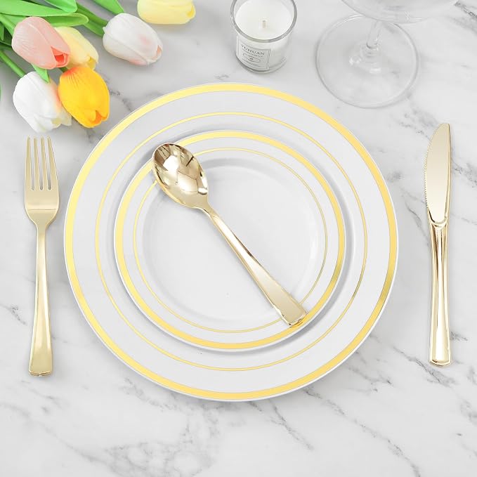 25 Pack 6.9 Inch Gold Plastic Spoons, Heavy Duty Plastic Silverware, Heavyweight Gold Disposable Spoons, Disposable Serving Utensils for Catering, Parties, Dinners, Weddings, Christmas