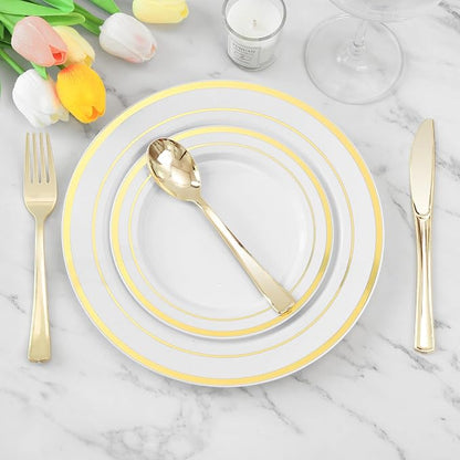 25 Pack 6.9 Inch Gold Plastic Spoons, Heavy Duty Plastic Silverware, Heavyweight Gold Disposable Spoons, Disposable Serving Utensils for Catering, Parties, Dinners, Weddings, Christmas