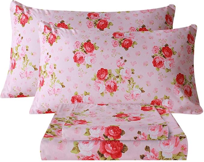 Bedlifes Full Size Sheet Sets Ultra Soft Breathable Silky Flower Bed Sheets Deep Pocket 100 Microfiber Bedding Sheets 4 Piece Full Size Pink Floral(Red Rose)