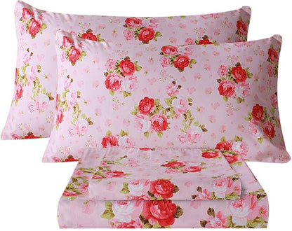 Bedlifes Full Size Sheet Sets Ultra Soft Breathable Silky Flower Bed Sheets Deep Pocket 100 Microfiber Bedding Sheets 4 Piece Full Size Pink Floral(Red Rose)