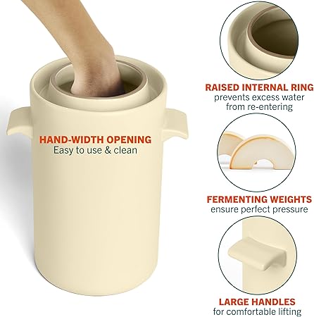 HomeBuddy Ivory Fermentation Crock (1 Gallon) with Weights, Acacia Wood Pounder and Recipie Book - Sauerkraut Fermentation Kit, Onggi Kimchi Jar, Fermenting Crock for Pickling or Sourdough