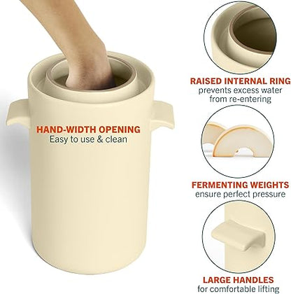 HomeBuddy Ivory Fermentation Crock (1 Gallon) with Weights, Acacia Wood Pounder and Recipie Book - Sauerkraut Fermentation Kit, Onggi Kimchi Jar, Fermenting Crock for Pickling or Sourdough