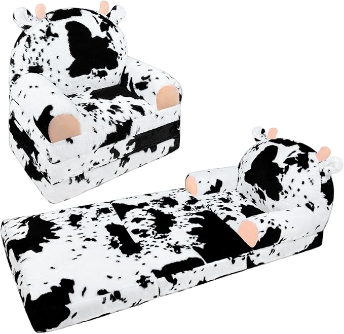 Toddler Chair Plush with Removable Cover, 2-in-1 Toddler Couch Fold Out, Cow Shell, Comfy Couch for Kids Over 18 Months, Kids Furniture for Bedroom, Playroom?Cow?
