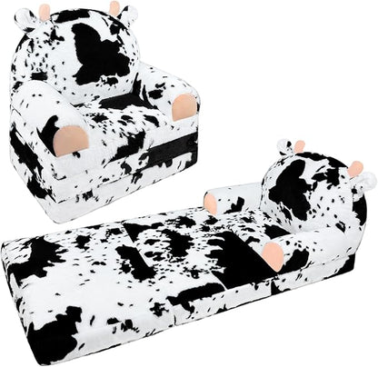 Toddler Chair Plush with Removable Cover, 2-in-1 Toddler Couch Fold Out, Cow Shell, Comfy Couch for Kids Over 18 Months, Kids Furniture for Bedroom, Playroom?Cow?