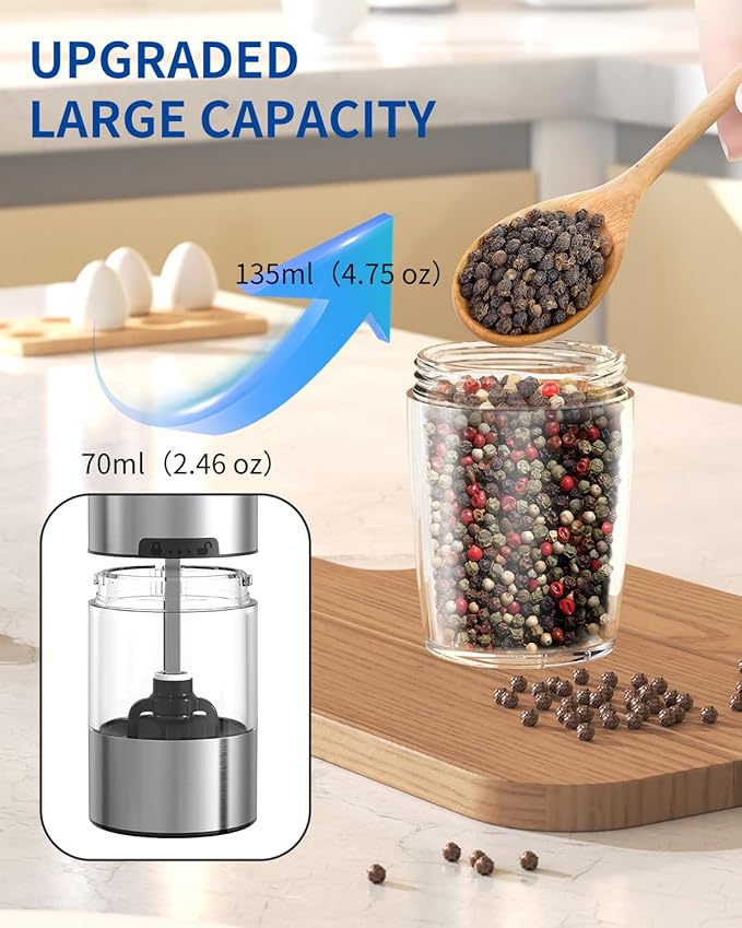 CIRCLE JOY Gravity Electric Pepper Grinder Salt Grinder Pepper Griner Mill Electric with LED Light, Battery Operated, Adjustable Coarseness, Washable 135ml Container, Black