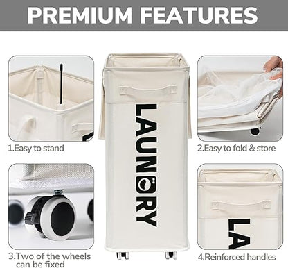 Goodpick Laundry Hamper with Wheels, 75L Collapsible Laundry Basket, Clothes Laundry Basket with Removable Wash Bag for Bedroom, Large Laundry Basket with Handle, White