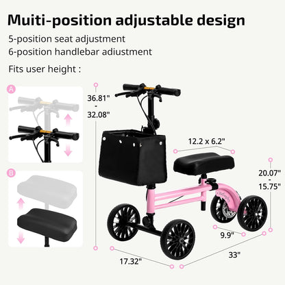 Knee Scooter with Disc Brake, Steerable Knee Walker for Adults,Foldable Rover Scooter for Broken Foot Injured Leg Crutch
