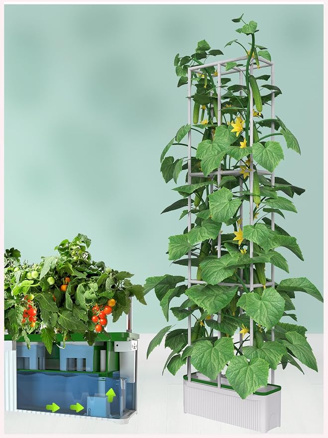eSuperegrow Hydroponics Growing System for Indoor Outdoor Garden,7L Large Hydroponic Gardening System with Trellis for Cucumber Tomato Pepper Mint,Ideal Gardening Gifts for Women(Pump,7L,Trellis)