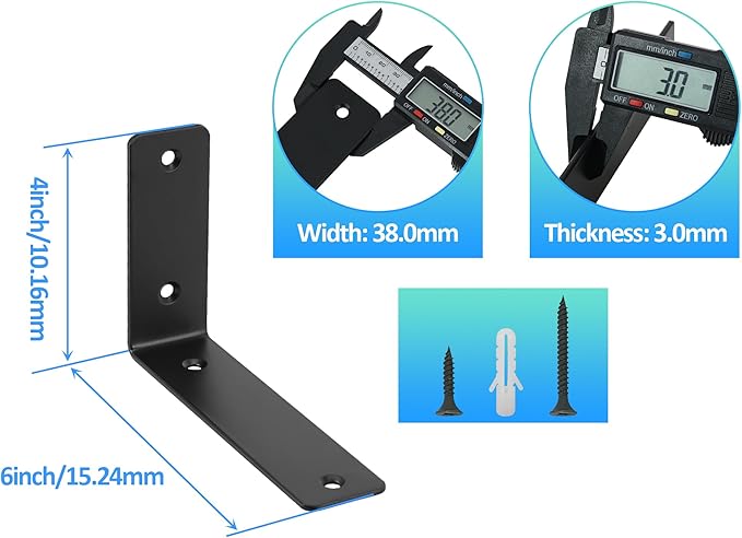 L Floating Shelf Brackets,4 Pack Heavy Duty L Brackets for Shelves, L 6" X H 4" Black Metal Countertop Support Brackets,Wall Mounting for Wood