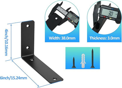 L Floating Shelf Brackets,4 Pack Heavy Duty L Brackets for Shelves, L 6" X H 4" Black Metal Countertop Support Brackets,Wall Mounting for Wood