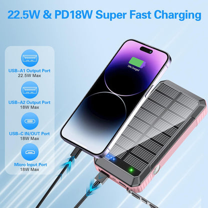 DJKK - Wireless Solar Power Bank Charger, 33800mAh, 4 Built-in Cables and 22.5W LED Camping Lights, Fast Charging Power Bank, 7 Outputs, 4 Inputs, Portable Charger