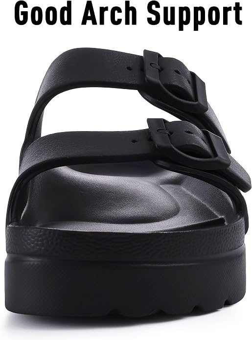 Platform sandals with arch support, cushioned sole, and adjustable straps for a comfortable, versatile summer look.