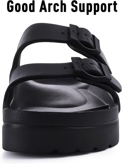 Platform sandals with arch support, cushioned sole, and adjustable straps for a comfortable, versatile summer look.