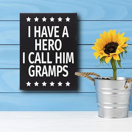 JennyGems Gift for Gramps, I Have a Hero I Call Him Gramps Wooden Sign, Shelf Decor and Wall Hanging, Made in USA