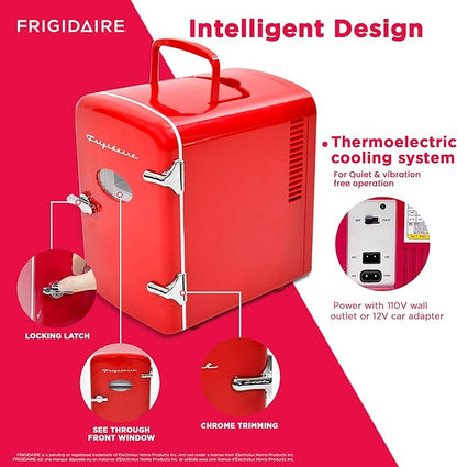Frigidaire EFMIS129-RED_CP4 Mini Personal Fridge Cooler, 1 Gal Capacity fits Six Cans, Includes Plugs for Home Outlet & DC Charger-9.84" D x 7.09" W x 10.35" H, standard