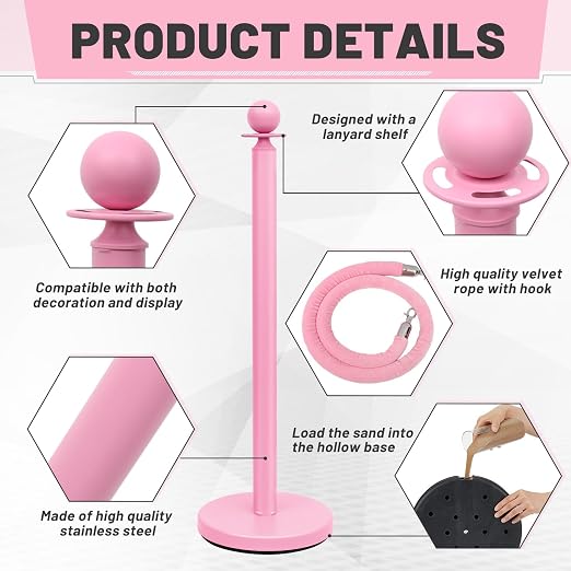 Ferraycle 4 Pcs Stainless Steel Stanchions Post Queue 38 Inch, 5 ft Velvet Rope Carpet Ropes and Pole, Control Barriers for Wedding Birthday Party Decoration Sand Injection Hollow Base Set (Pink)