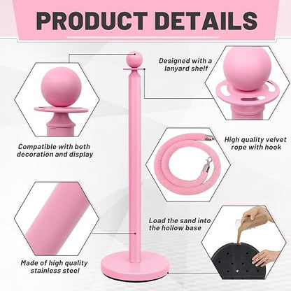 Ferraycle 4 Pcs Stainless Steel Stanchions Post Queue 38 Inch, 5 ft Velvet Rope Carpet Ropes and Pole, Control Barriers for Wedding Birthday Party Decoration Sand Injection Hollow Base Set (Pink)