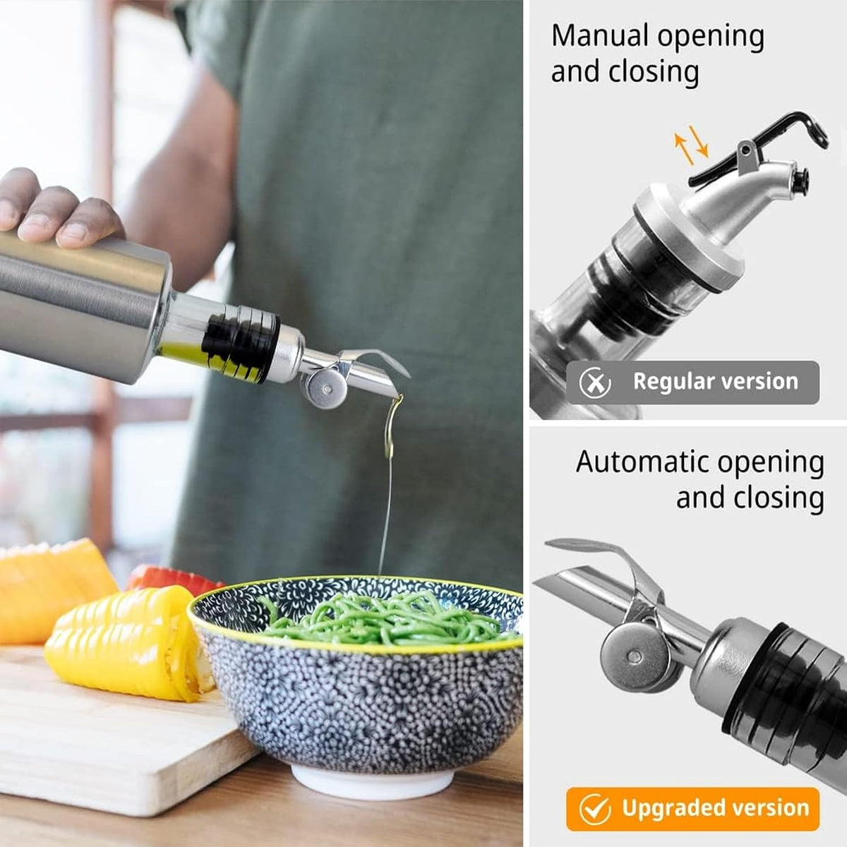 Automatic Opening & Closing Olive Oil Spout, Leak-Proof Stainless Steel Dispenser Pour Spout for Olive Oil, Vinegar, Wine Bottles (Black)