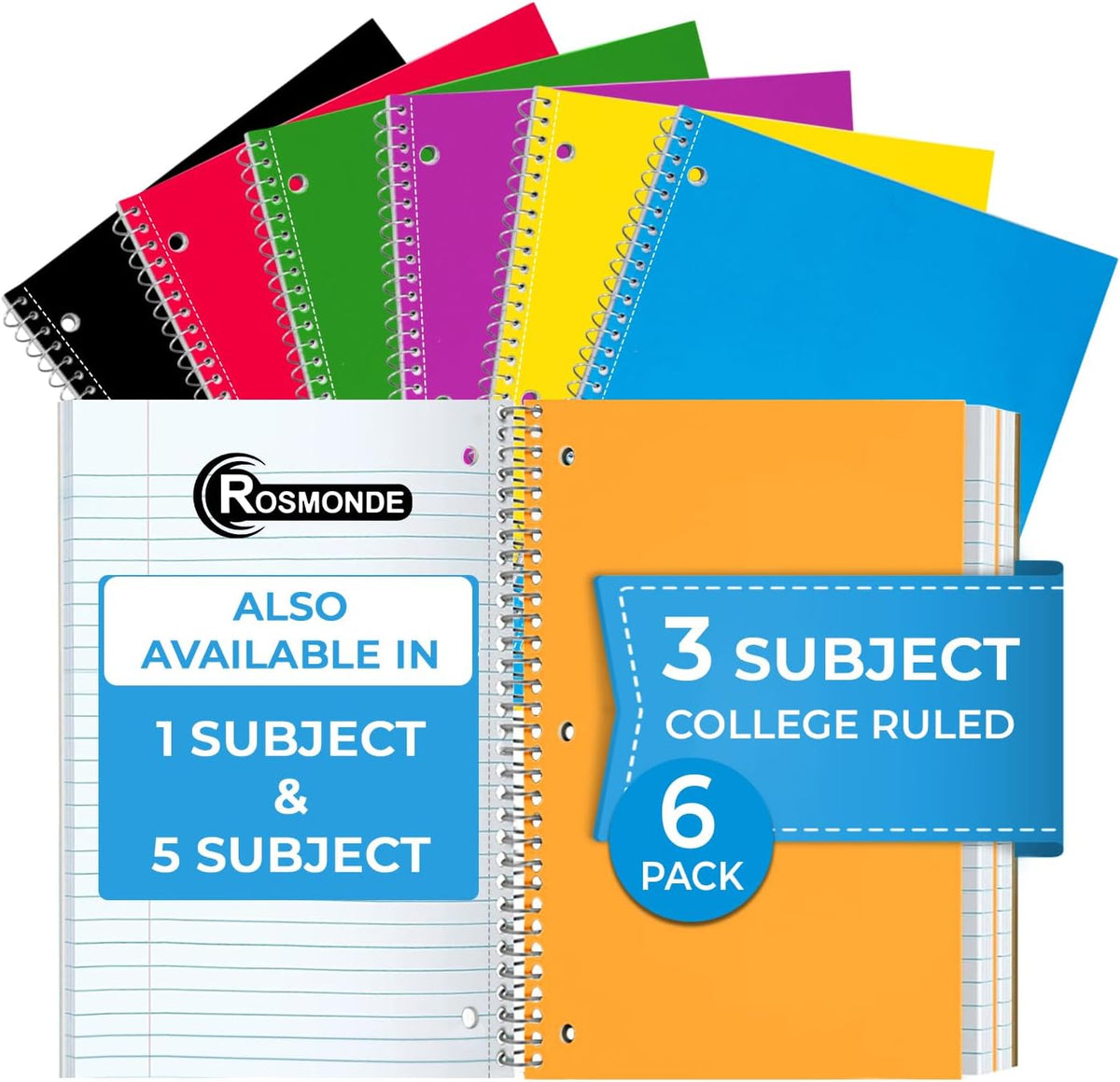 1 Subject Notebook College Ruled, 6 Pack, 70 Sheets (140 Pages), 8 x 10-1/2", 3 Hole Punched Notebooks, Thick No-Bleed Paper, Sturdy Back, College Ruled Notebook for School, Assorted Colors (Color variation may be different from picture)