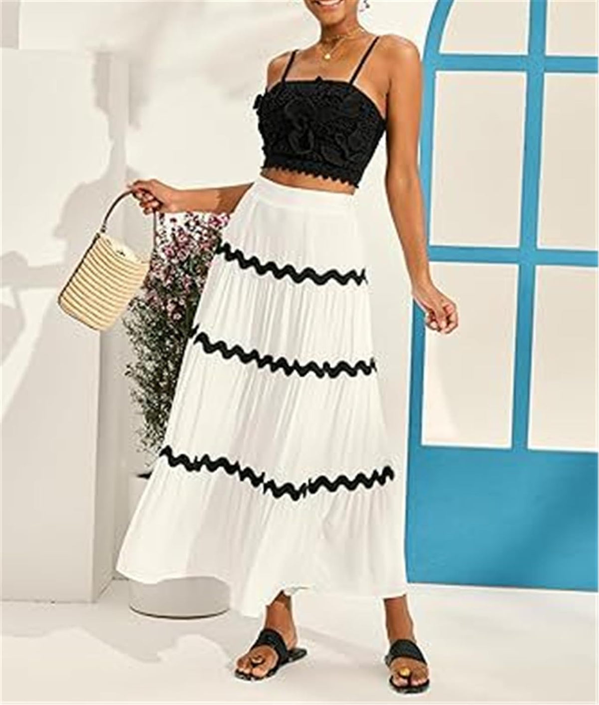 Womens RIC Rac Flowy Boho Maxi Skirts Elastic High Waist Wave Tiered A Line Long Beach Skirts