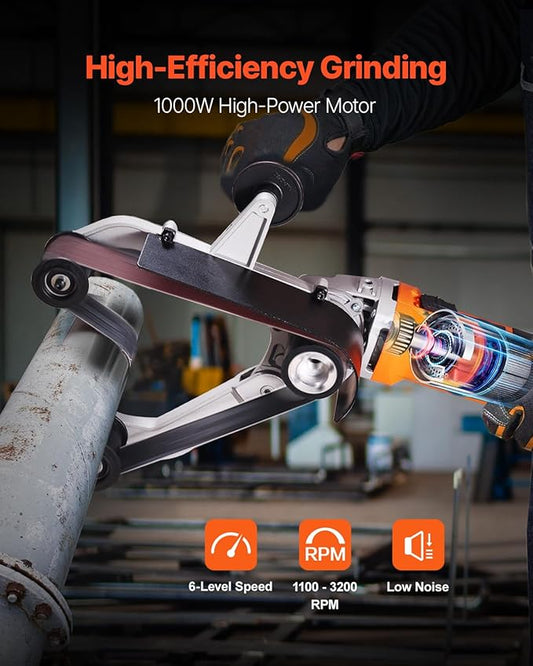 VEVOR 1000W Pipe Belt Sander, 6-Speed Tube Polisher 1100-3200rpm, Handheld Grinding Sanding Tool with 3PCS Sanding Belts, Ideal for Rust Burnishing Finishing Removal