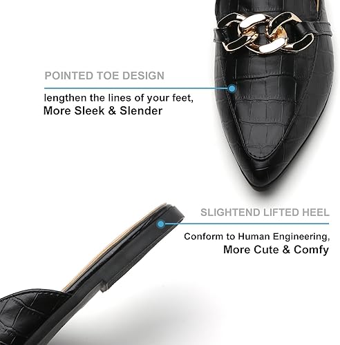 Metal Chain Decor Flat Mules for Women Closed Pointed Toe Slip on Loafers Slides Backless Mules Shoes