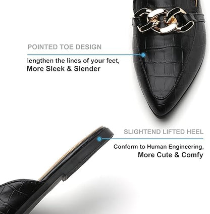 Metal Chain Decor Flat Mules for Women Closed Pointed Toe Slip on Loafers Slides Backless Mules Shoes