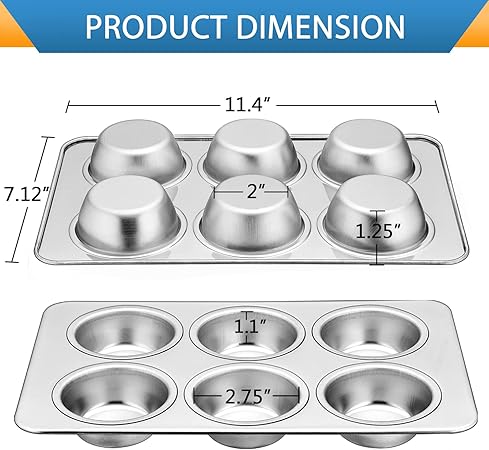 E-far Muffin Pan Set of 2, Stainless Steel Muffin Pan Tin for Baking, 6-Cup Metal Cupcake Pan Tray, Non-toxic  Healthy, Oven  Dishwasher Safe, Regular Size - 11.44 x 7.12 x 1.25 inch