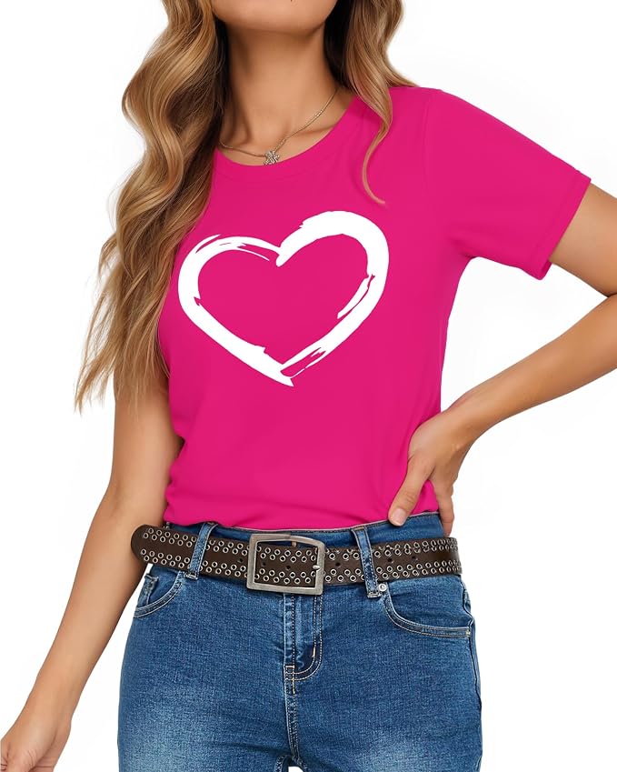 HERLOLLYCHIPS Women Cute Heart Graphic Crewneck Short Sleeve Regular Fit Casual Tee T-Shirts Tshirt Tops