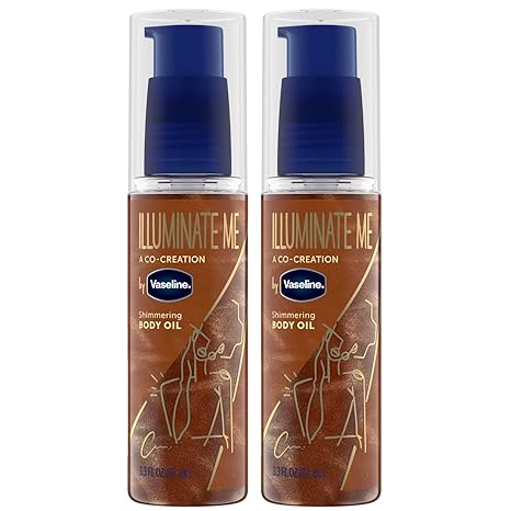Vaseline Illuminate Me Body Oil - Shimmering Body Bronzer, Radiant Body Glow Oil, Hydrating Shimmer Body Oil for Melanin-Rich Skin, Body Shimmer Oil for Glowing Skin, 3.3 Oz Ea (Pack of 2)
