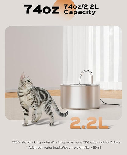 Cat Water Fountain Stainless Steel  8 filters  8 Sponges - Pet Water Fountains Faucet Metal Automatic CatDog Waterer Bowls Pets Watering Running Bottle Water Dispenser for Drinking Ultra Quiet Pump