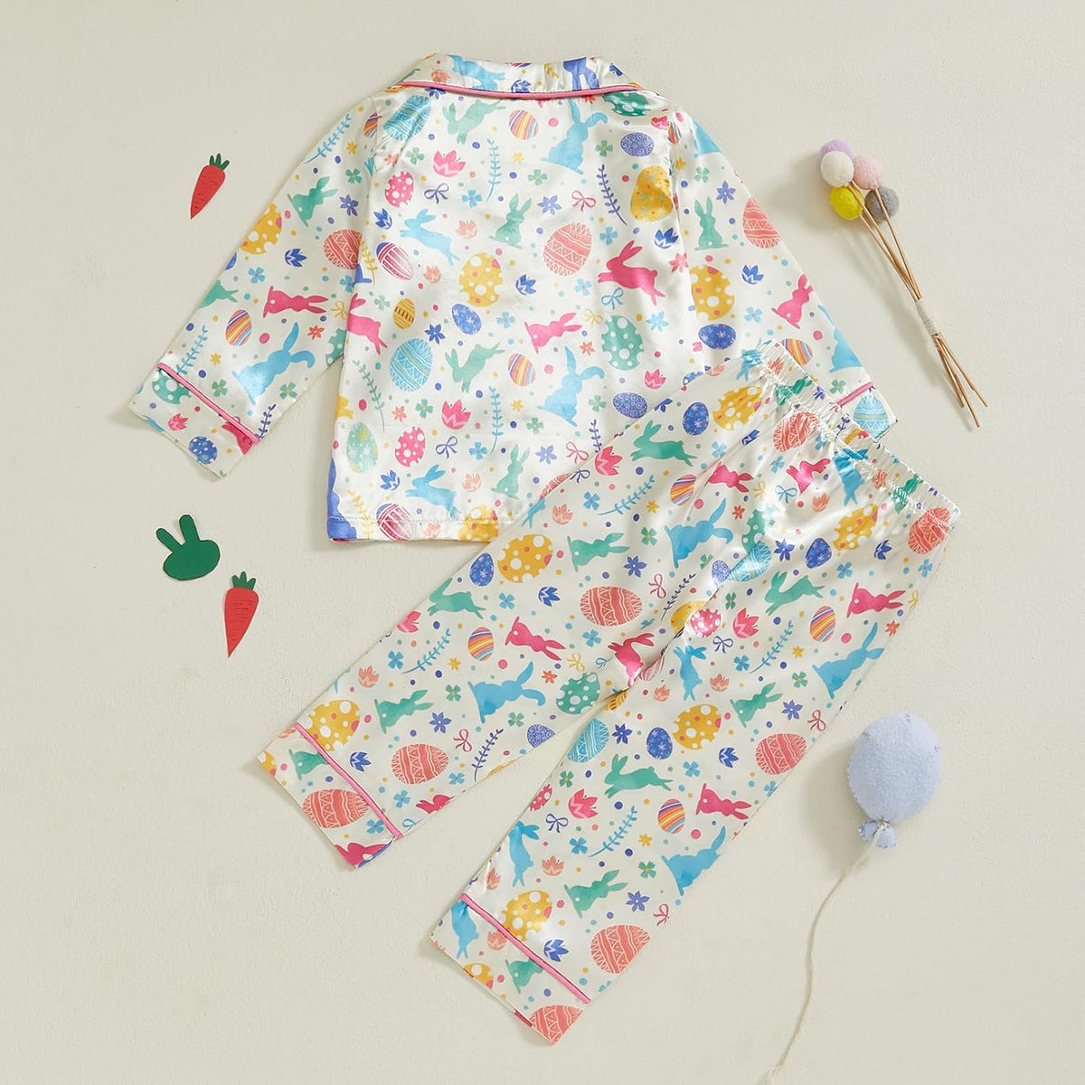 Toddler Baby Girl Boy Easter Satin Pajamas Set Cute Bunny Long Sleeve Button-up Shirt Top Long Pants Sleepwer