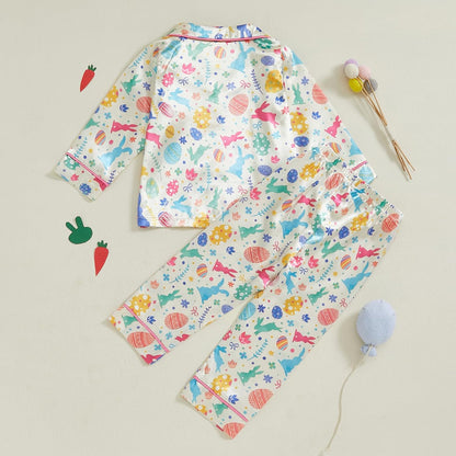 Toddler Baby Girl Boy Easter Satin Pajamas Set Cute Bunny Long Sleeve Button-up Shirt Top Long Pants Sleepwer