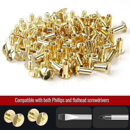 Chicago Binding Screws - 5mm x 10mm Binding Posts - 9.5mm Phillips Nut - Chicago Screw Binding Post Screw Kit for DIY Leather Decoration Scrapbook Photo Albums Bookbinding (Gold, 50 PCS)