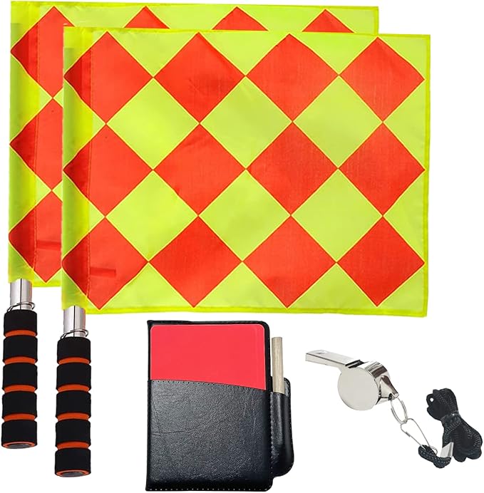 Soccer Referee Flag Set,Match Football Linesman Flags,Red Yellow Cards with Notebook and Pencil,Coach Referee Stainless Steel Whistles with Lanyard for Sports, Soccer, Football, Basketball