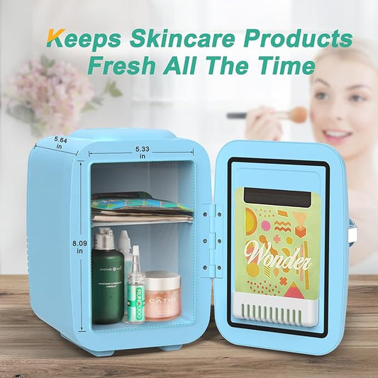 CROWNFUL Mini Fridge, 4 Liter6 Can Portable Cooler and Warmer Personal Fridge for Skin Care, Cosmetics, Food,Great for Bedroom, Office, Car, Dorm, ETL Listed (Blue)